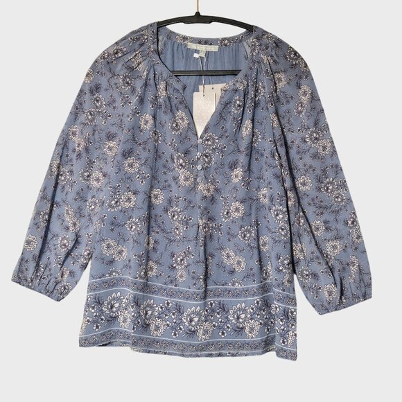 Daniel Rainn Lanea Blue Floral Split Neck 3/4 Sleeve Boho Blouse Blue NWT - Picture 1 of 7